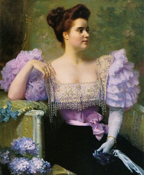 Jules Machard, Giovane donna e bouquet di ortensie, 1896.