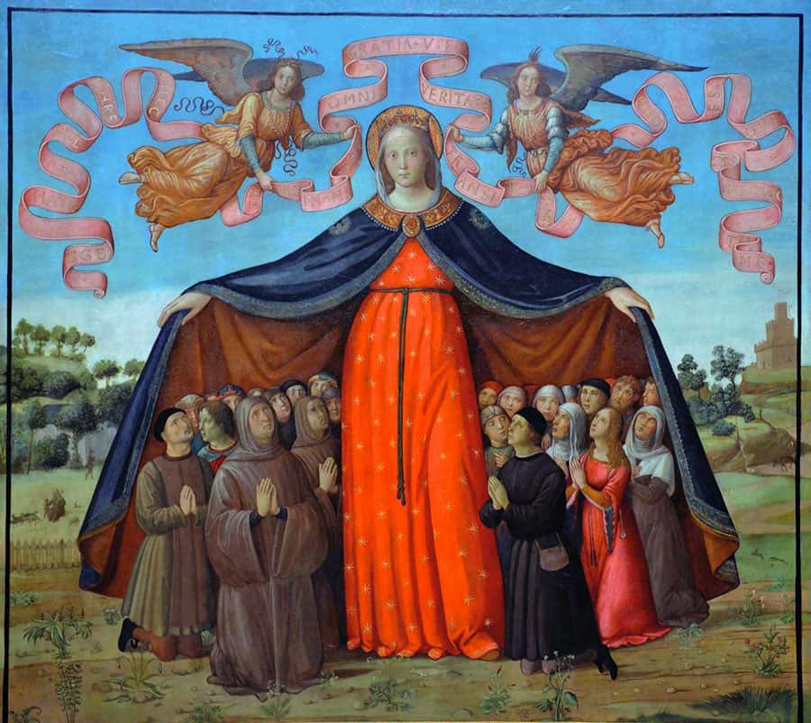 1) Maestro di Marradi, Madonna della Misericordia, fine del secolo XV, cm 115×130, Marradi, Chiesa di San Lorenzo