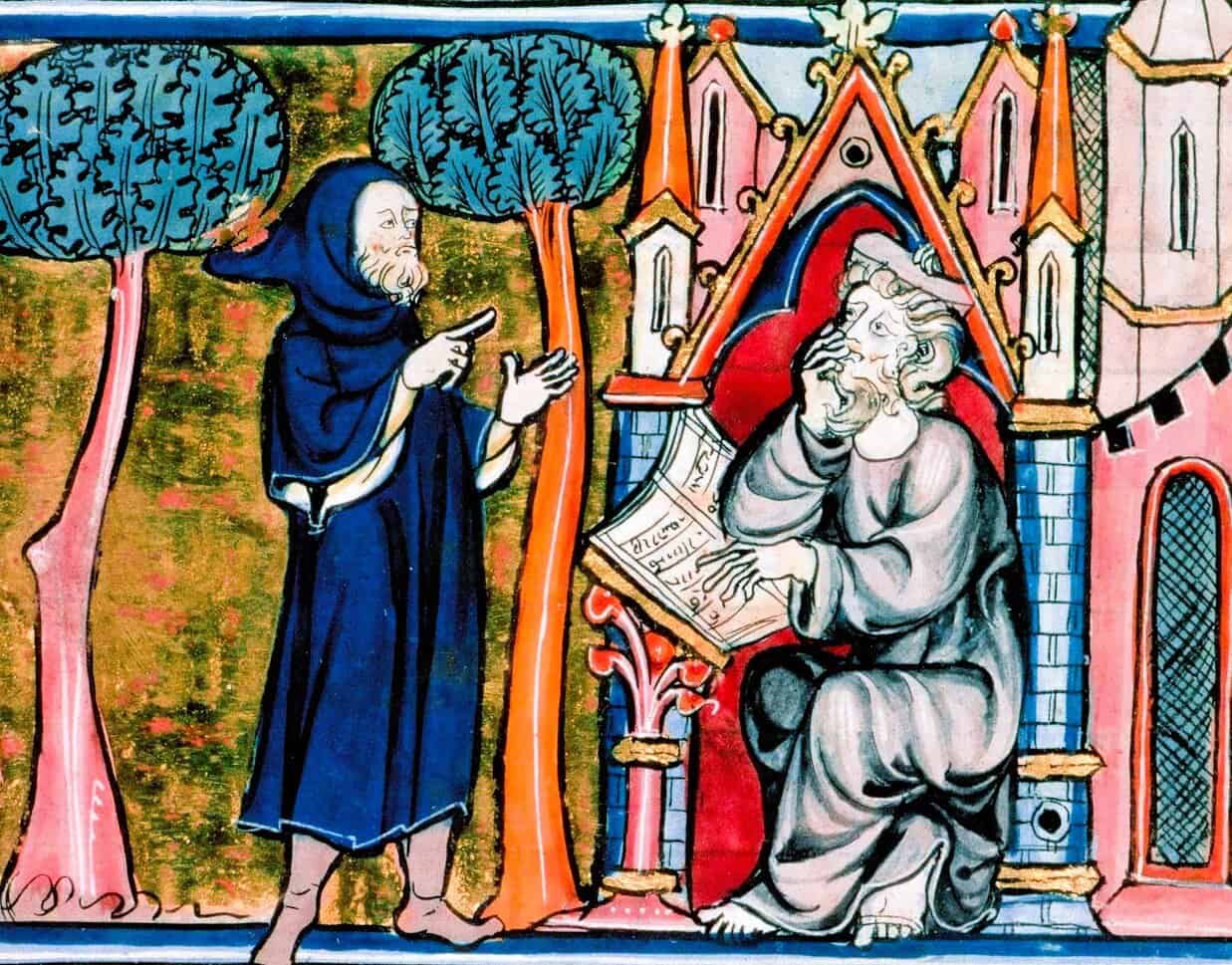 Miniatura del XIII secolo, Merlino racconta le sue vicende al sacerdote Blaise